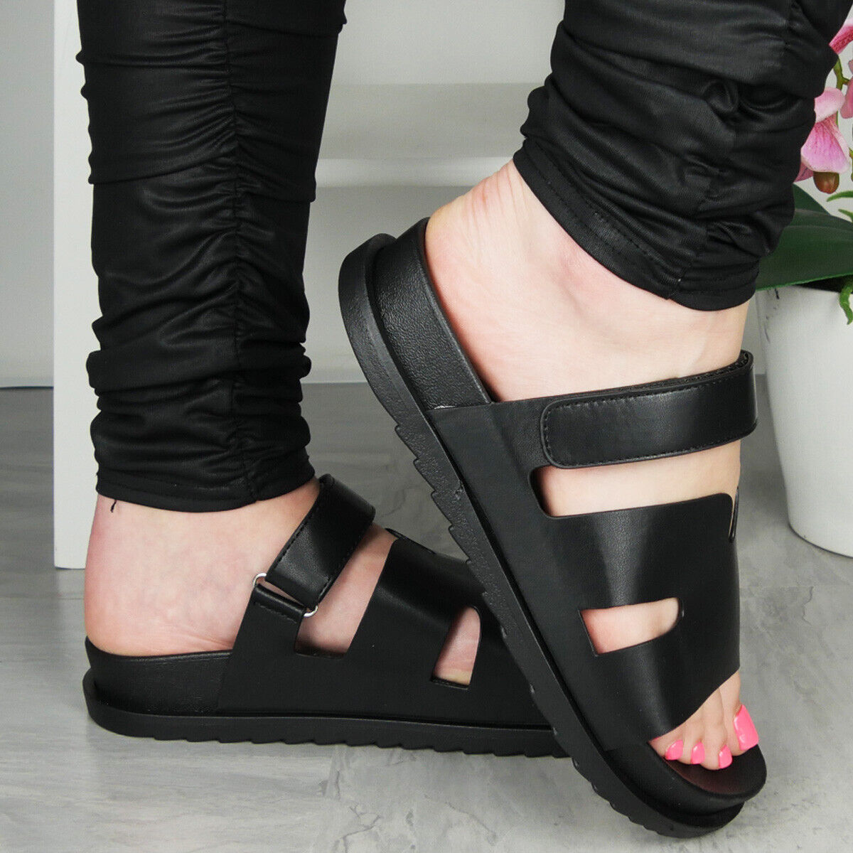 BLUEBELL Black Mules Sliders Slip On  Beach Sandals