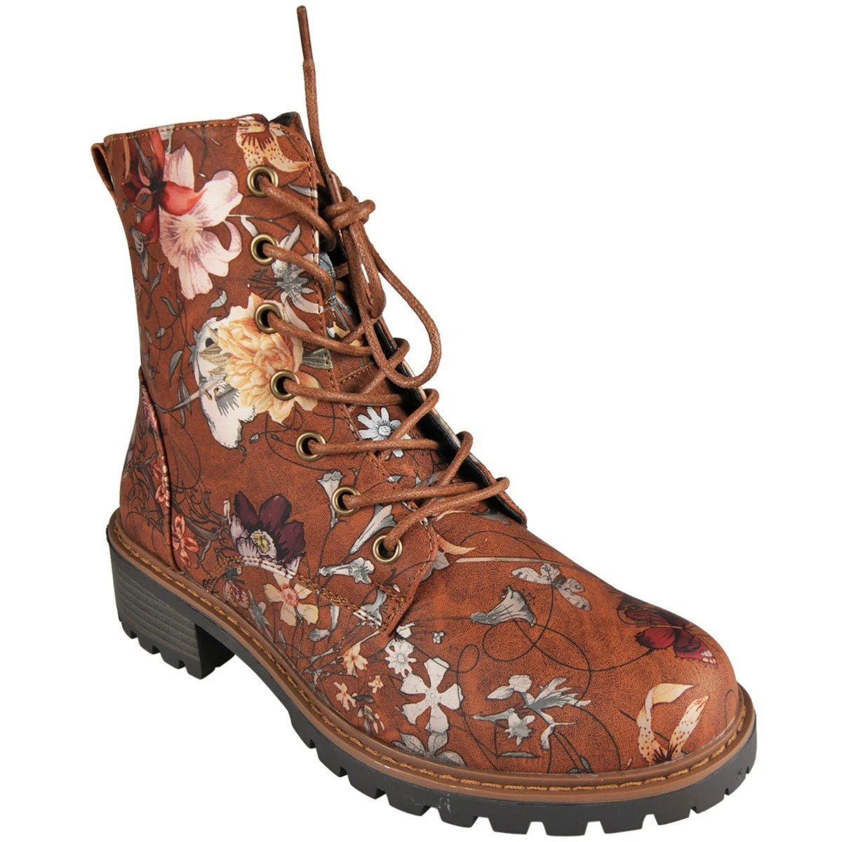WREN Tan Floral Lace Up Comfy Zip Army Warm Ankle Boots