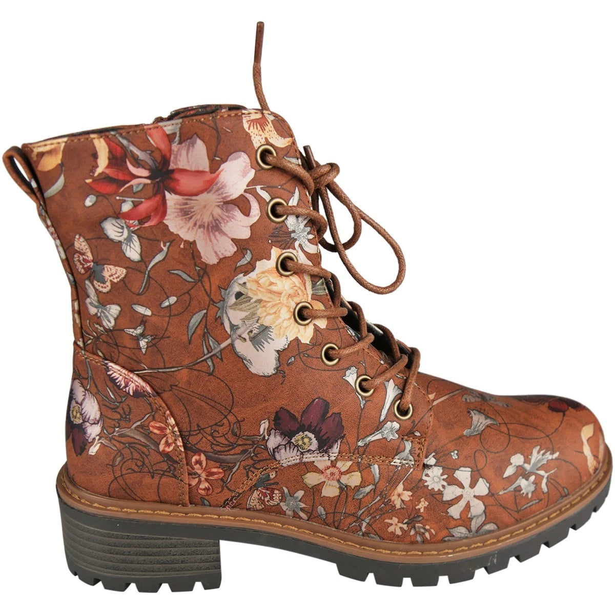 WREN Tan Floral Lace Up Comfy Zip Army Warm Ankle Boots