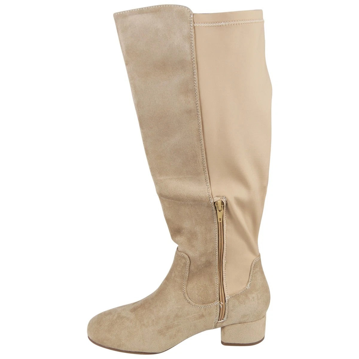 ESME Taupe Suede Knee High Stretchy Zip Mid Heel Comfy Wide Fit Boots