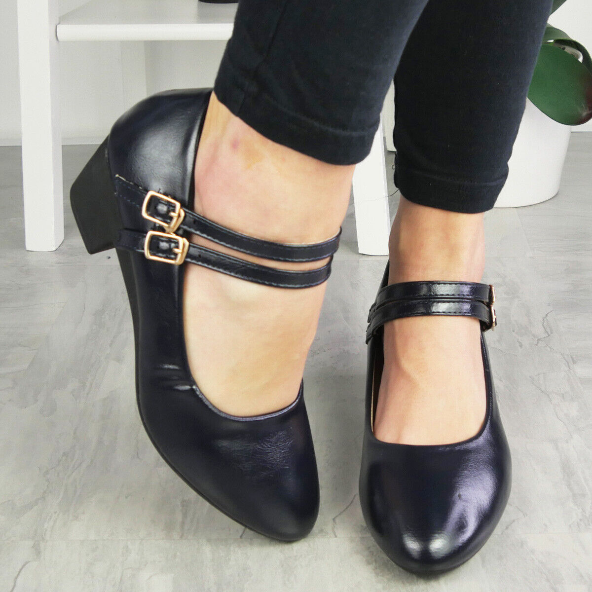 FOSTI Blue Dance Court Buckle Heel Work Shoes