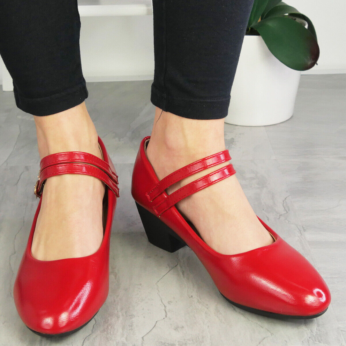 FOSTI Red Dance Court Buckle Heel Work Shoes