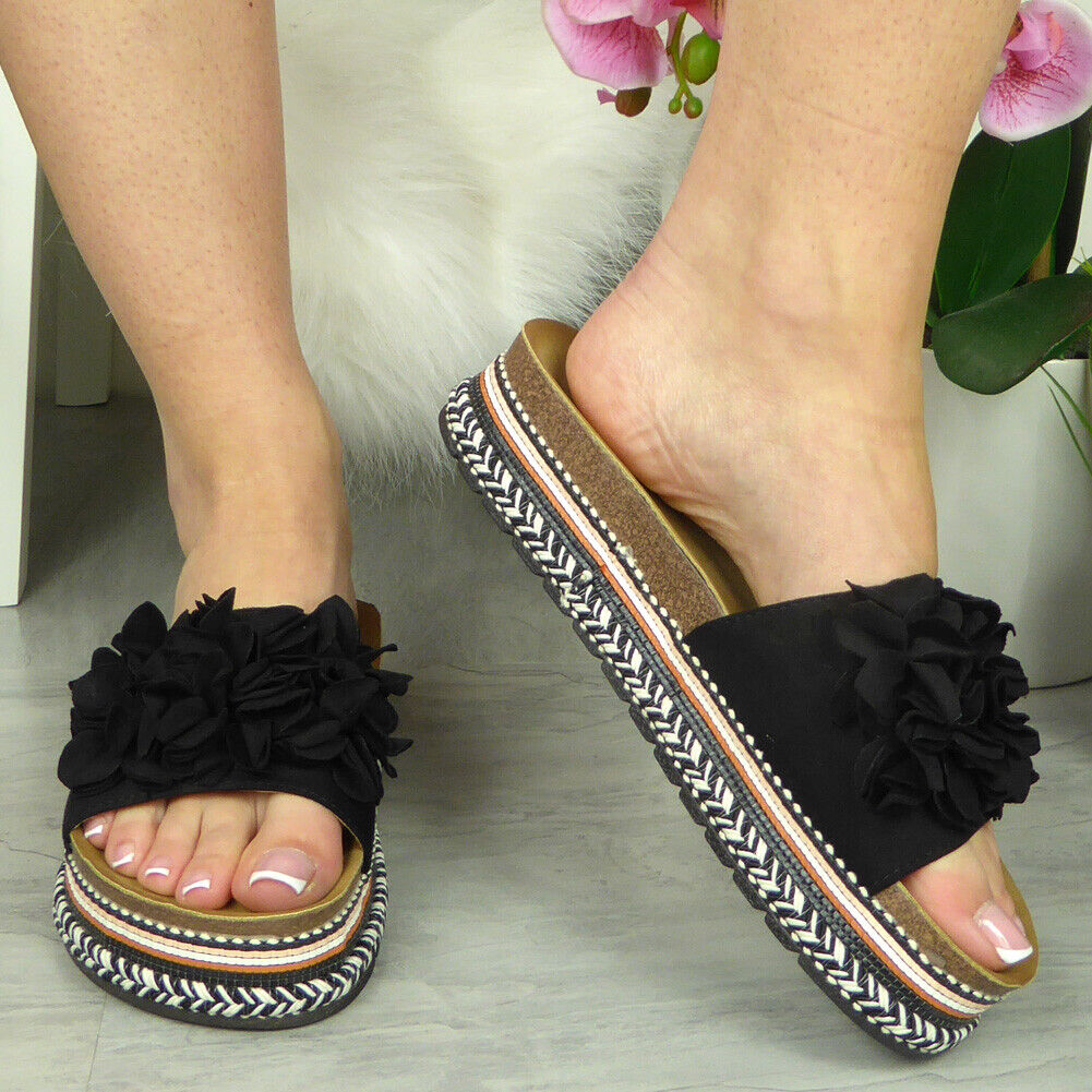 TIARE Black Summer Mules Sliders Wedge Shoes