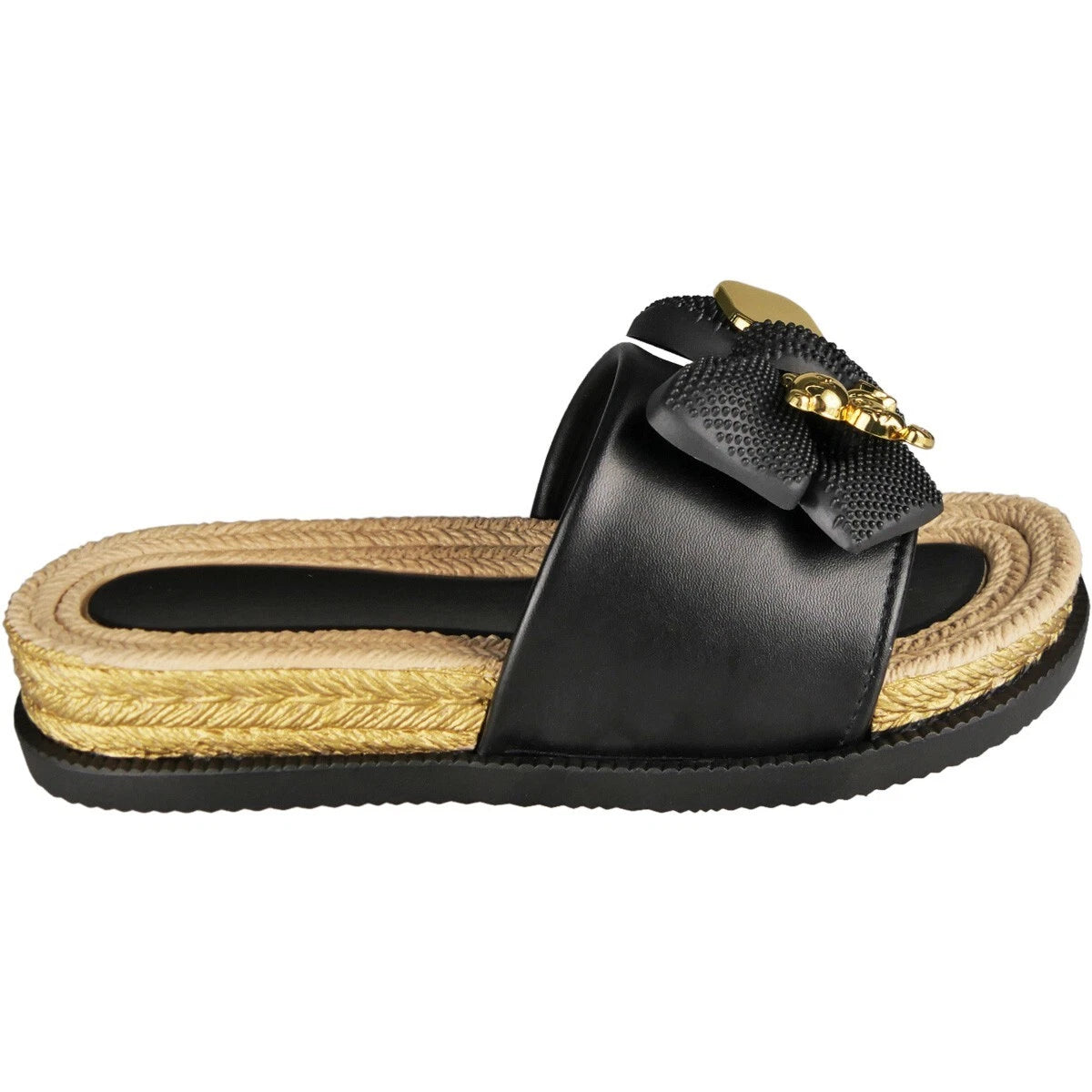 Cecily Black Summer Holiday Wedge Hessian Mules Sandals
