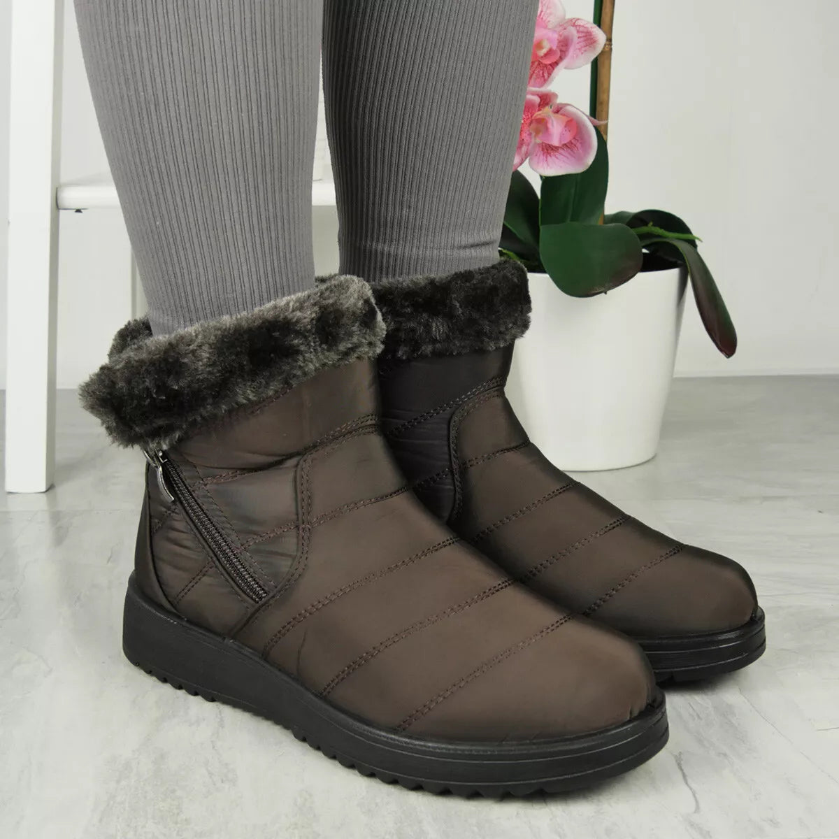 GIOVANNA Brown Water Resistant Rain Snow Ankle Boots