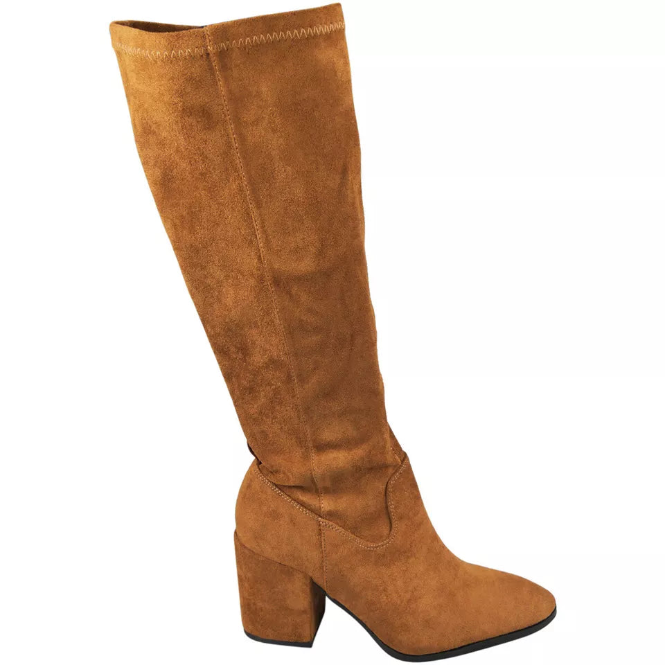 ANDRIA Camel Mid Calf Pointy Stretch Zip Boots