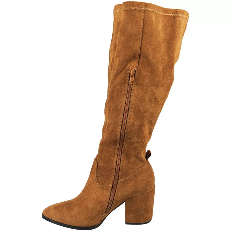 ANDRIA Camel Mid Calf Pointy Stretch Zip Boots