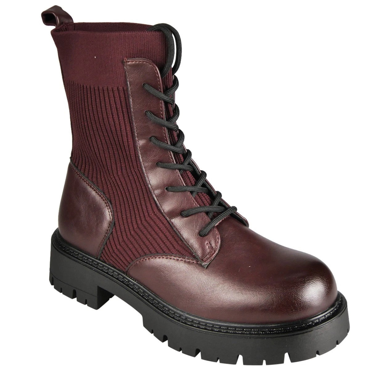 HARRIET Wine Sock Ankle Lace Up Grip Combat Boots