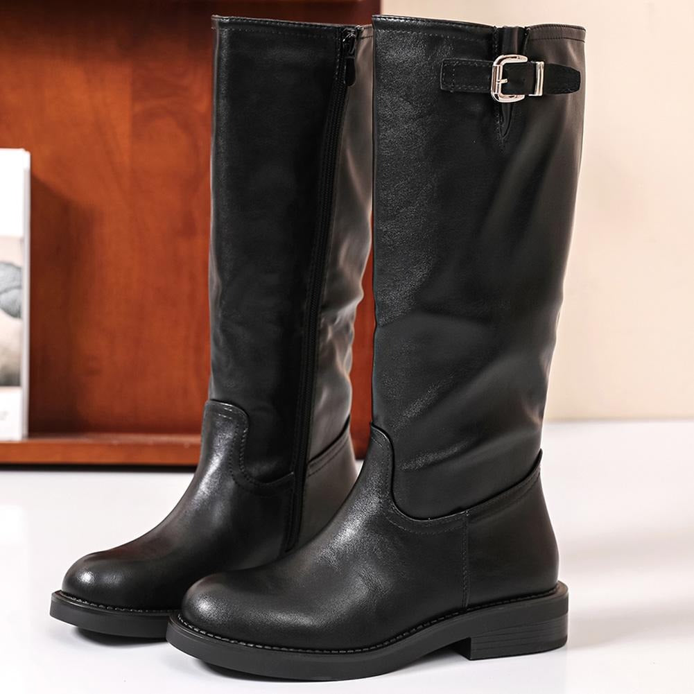 KENNA New Black Faux Leather Elastic Zip Warm Lined Winter Mid Calf Boots