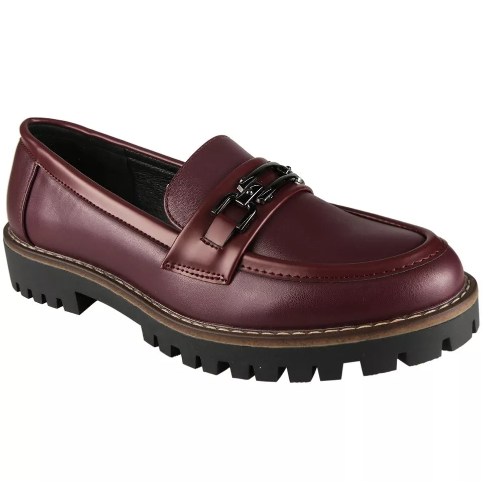CARTER Wine Chunky Heel Slip On Loafers Shoes