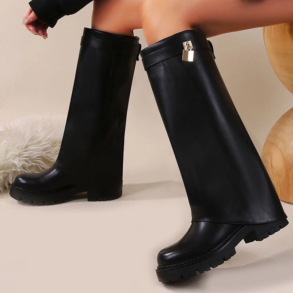 SUZIE Black Winter Fashion Zip Hooded Mid Calf Boots
